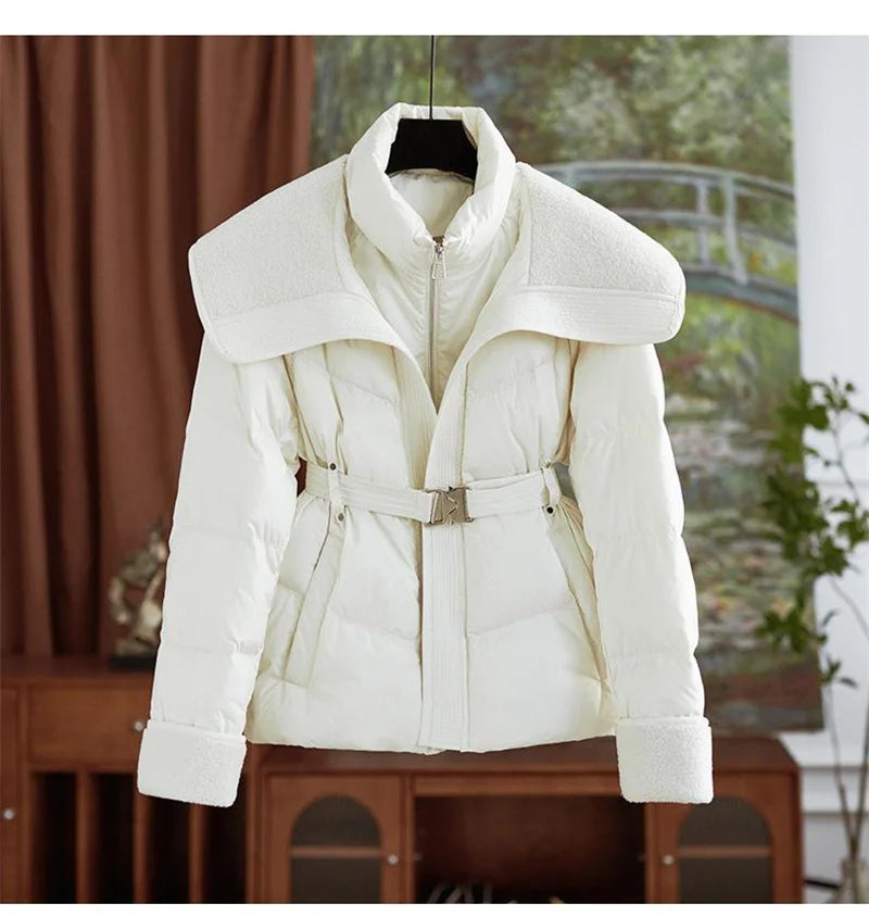 2025 New Winter Jacket Coat Female Parkas Fashion Lamb Wool Double Collar Short Belt Warm Down Cotton Jacket Women Outerwear Top