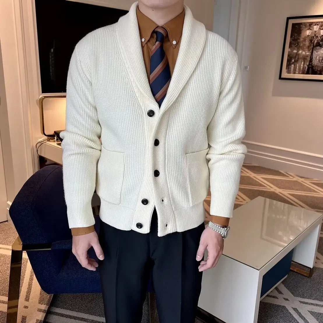 Men's Clothing Cardigan Jacket V Neck Coat Knit Sweater Male Plaid Elegant Casual Long Sleeve 100% Korean 2024 Autumn Classic