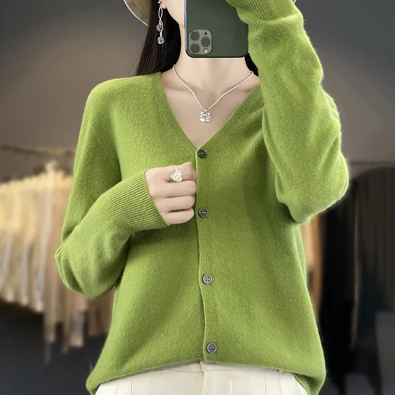 New Fashion Spring Autumn 100% Merino Wool Women's V-neck Cardigan Cashmere Sweater 2024 Female Knitwear Clothing Korean Tops