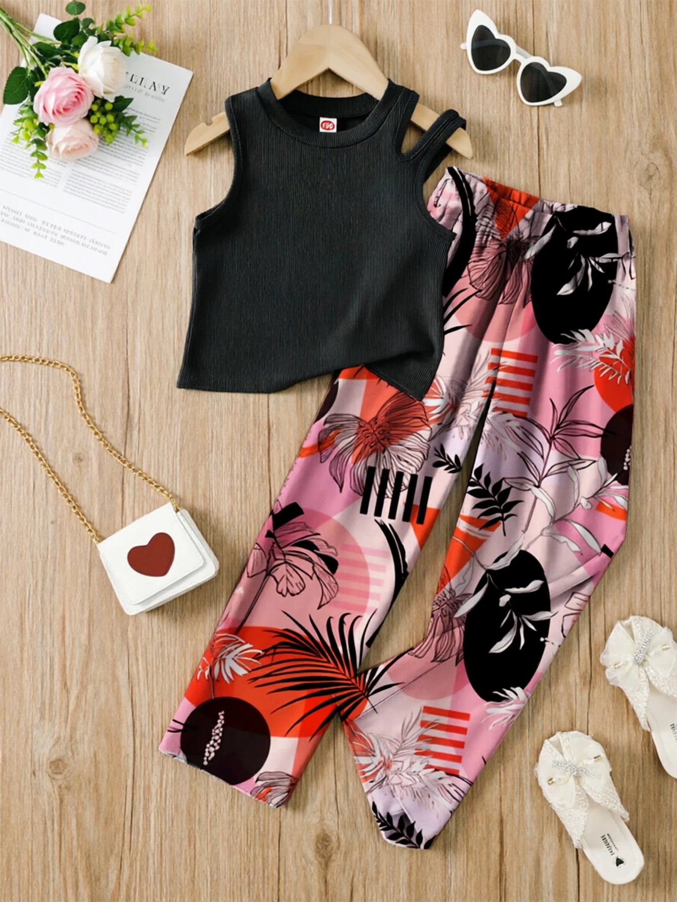 Summer Teenage Girls Clothing Set Off-Shoulder Ribbed Tank Tops and Printed Pants Two-Piece Sets for Kids Girl 6-14 Y