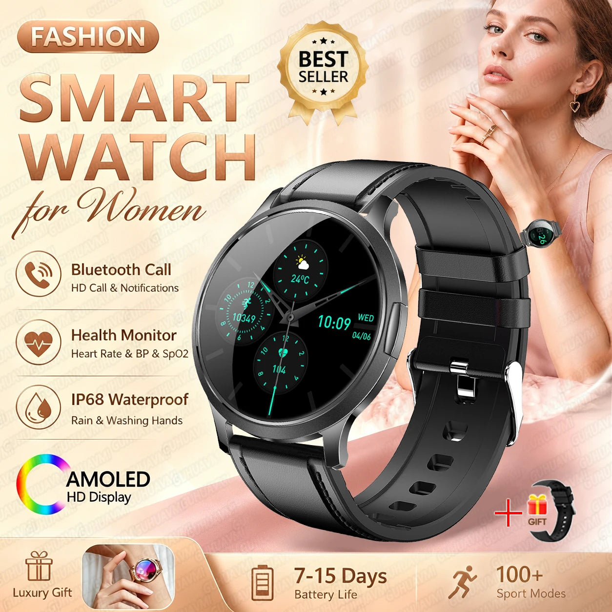 2026New Smart Watch 1.32”AMOLED Ultra-thin Display 100+Sports modes Blood Pressure Waterproof Bluetooth call Bracelet Women Gift