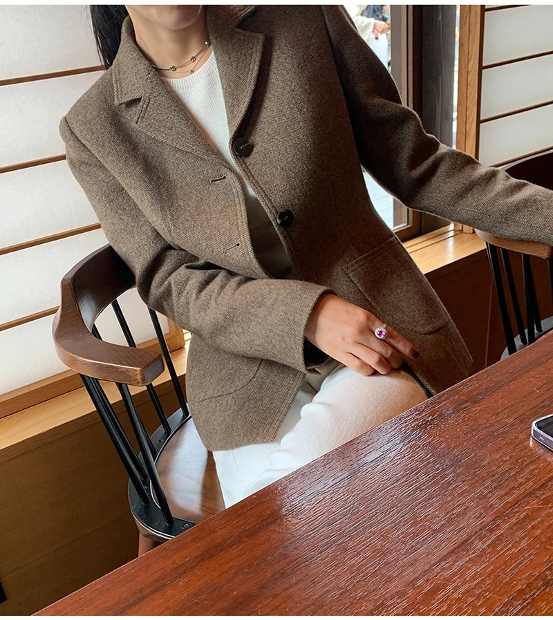 50 Wool Women Notched Collar Blazer Jacket Coat Fall Winter Thick Warm Overcoat Pocket Fashion Slim Waist Buttons Coat 2024 New