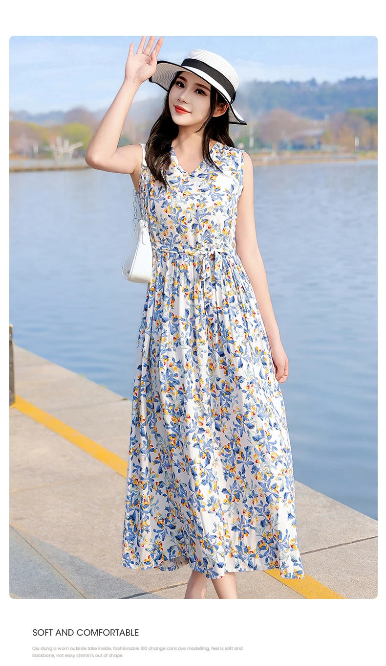 Spring Summer Dresses Fashion Female Sleeveless printed Casual Dress Women A-line Dresses Vestidos