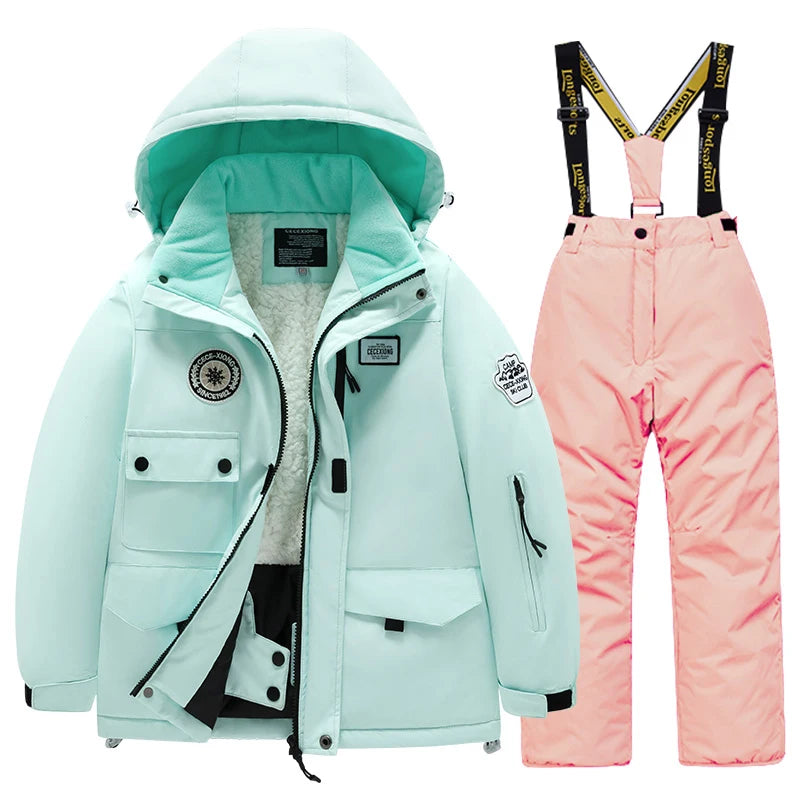 Winter children's skiing suit for boys and girls, windproof and waterproof thick coat for warmth and snow playing equipment