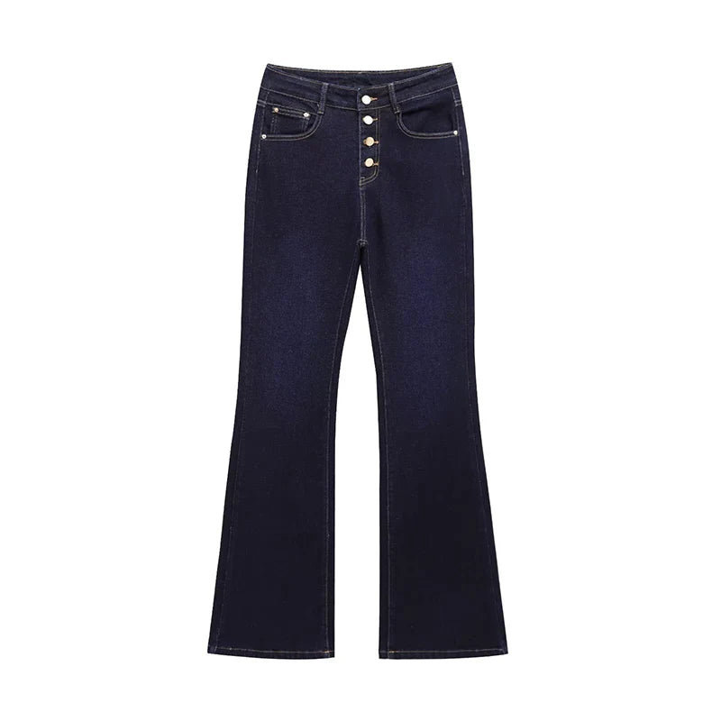 Women's Jeans Basic All-Match Slimming Denim Pants Fashion Metal Button High Waist Flared Pant High End Sense Casual Trousers