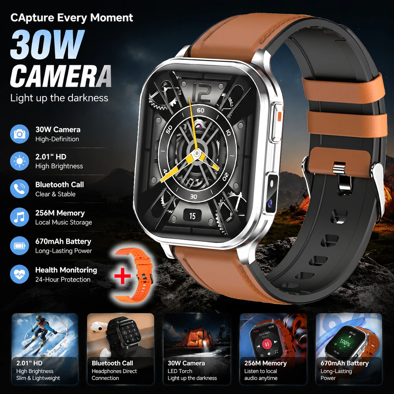 New Smart Watch 2.01" 30W Camera LED Torch 256MB Memory 670mAh Waterproof Health Monitoring 100+ Sports Mode BT Call Smart Watch