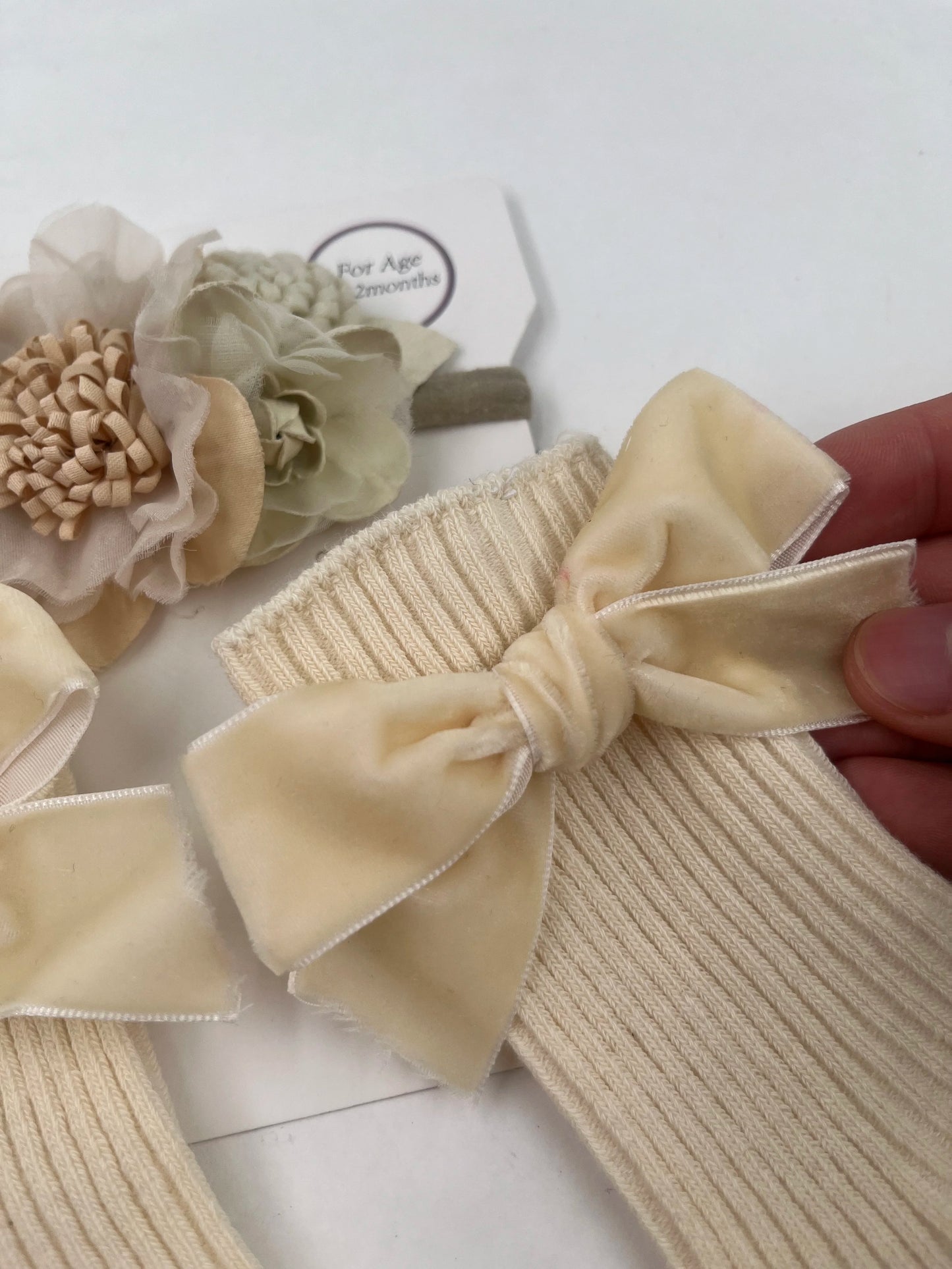 3Pcs/Set Ins Cream Color Latte Artificial Flower Headbands & Ribbed Short Socks Anti-Slip Cotton 0-12M Sockfor Infant Baby