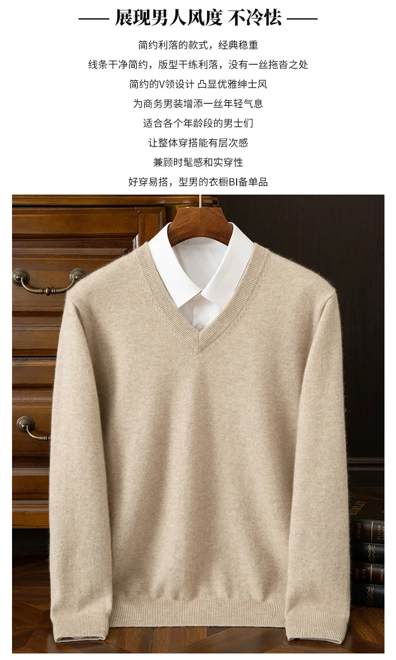 100% Cashmere Men's Pullover Casual Solid Color Knitted Sweater Loose Pull V-Neck Tops Basic Versatile Jumper