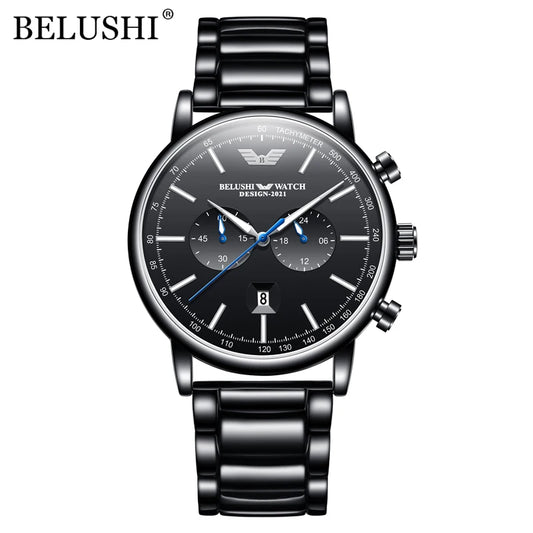 BELUSHI Mens Watches Stainless Steel Chronograph Waterproof Luxury Brand Top Quartz Military Watch for Men Army Sport Wristwatch