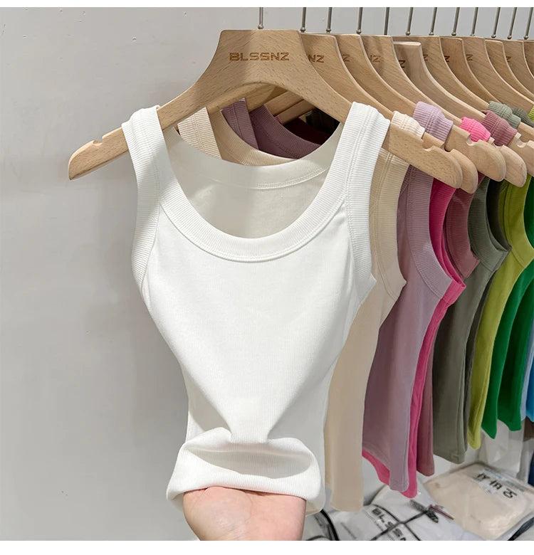 Women Solid Round Neck Ribbed Tank Top Camisole Women 2026 Summer Basic Elastic Tank Top O Neck Solid Tank Top