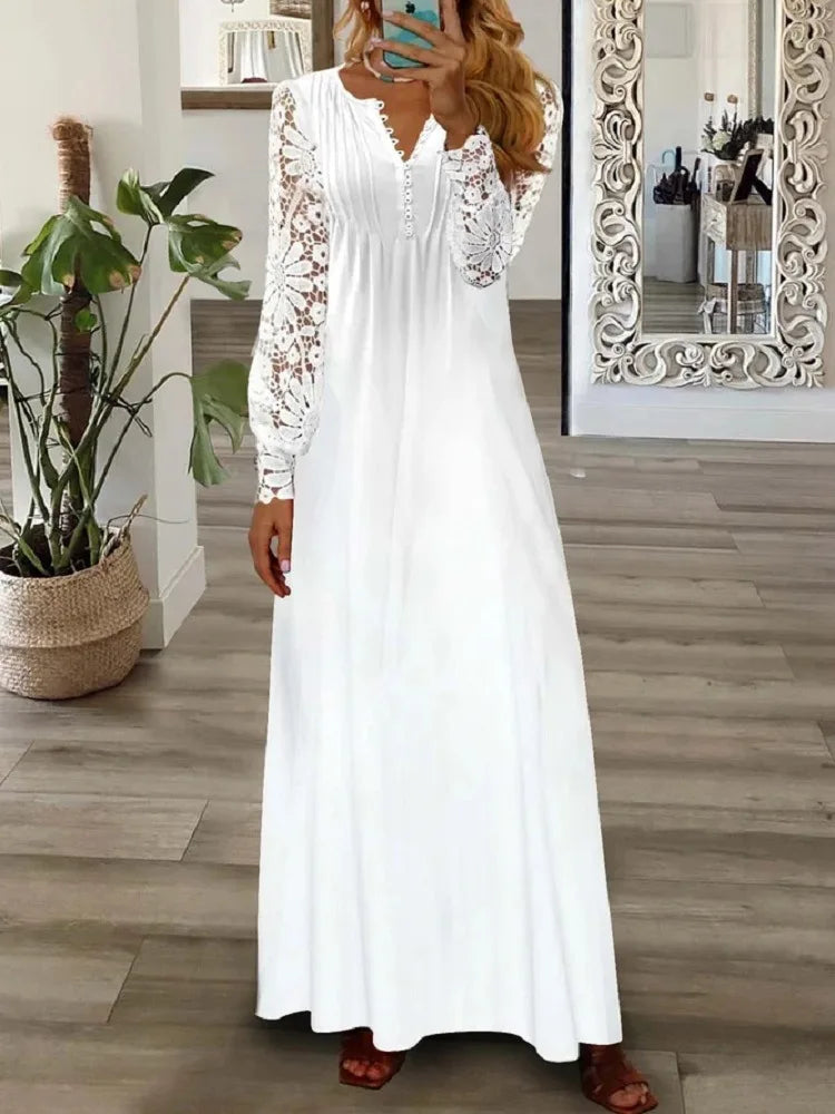 Spring Women Lace Button Loose Boho Vintage Ruffles Dresses Befree Summer Elegant Party Large Big Summer Party Maxi Dress