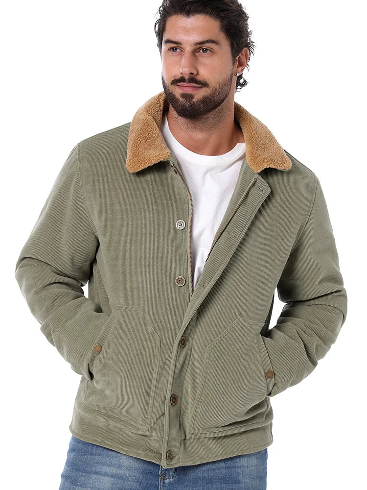 Men's Winter Corduroy Jacket Fleece Warm  Lined Cargo Work Jacket Casual Thick Sherpa Collar Trucker Deck Navy Coats