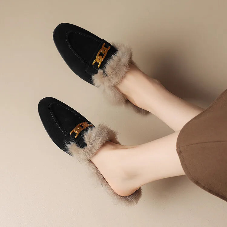 2023 Winter Sheep Suede Women Shoes Rabbit Hair Mules Shoes for Women Round Toe Low Heel Slippers Chunky Heel Cover Toe Slippers