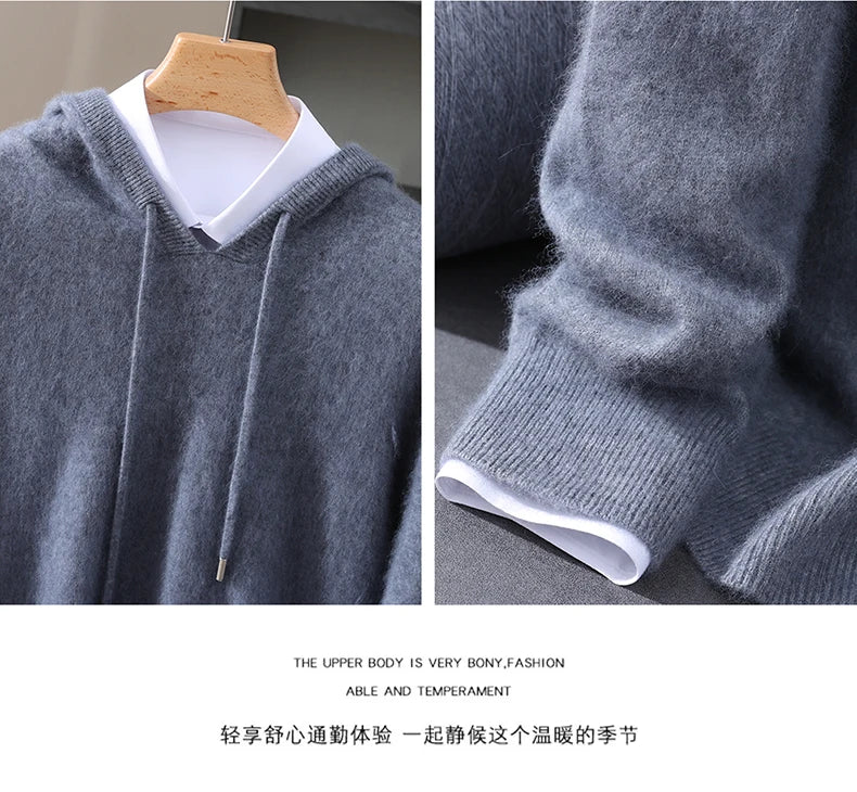 Men's Clothing: 100% Pure Mink Cashmere Knitted Sweater Casual And Loose Large-Sized Hooded Pullover Autumn Winter New Products