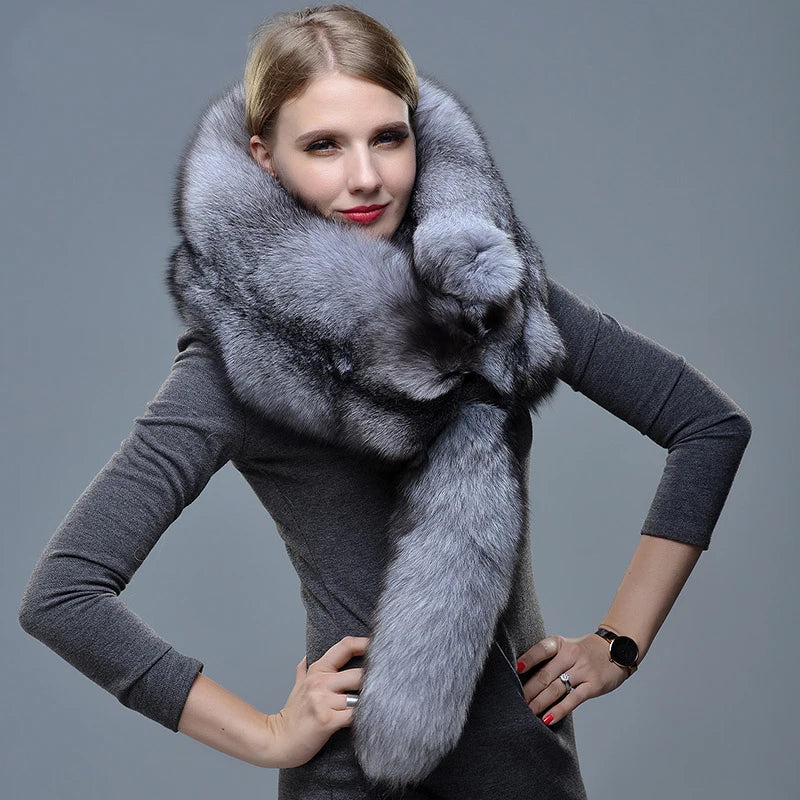 New Winter Large Real Fox Fur Collar Natural Fur Coat Scarves Luxury Women Men Jackets Hood Shawl Decor Female Neck Scarf Wraps