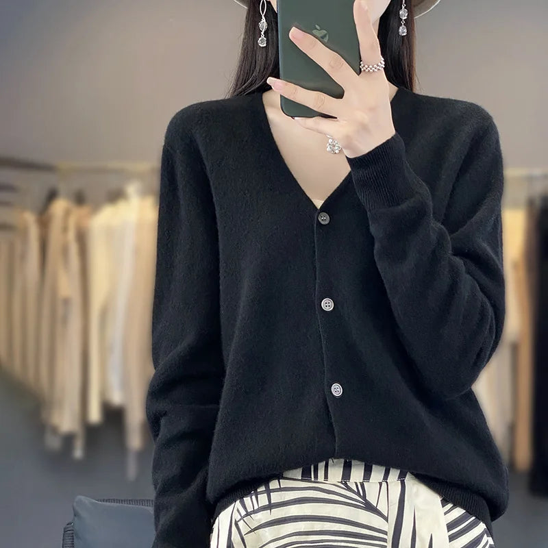 New Fashion Spring Autumn 100% Merino Wool Women's V-neck Cardigan Cashmere Sweater 2024 Female Knitwear Clothing Korean Tops