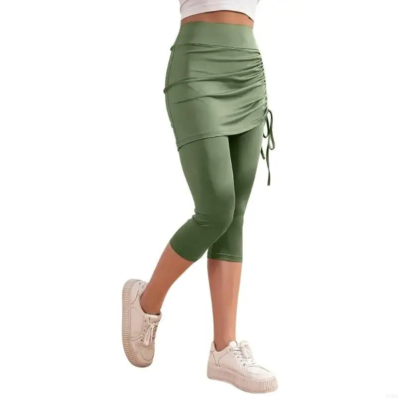 Womens Leggings Tummy High Skirted Leggings Drawstring Side Ruched Fit Workout Bottom 6XDA