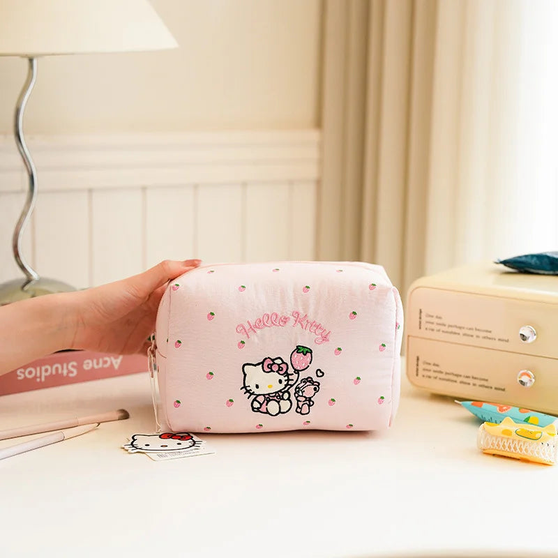 Strawberry Milk Cartoon Hello Kitty Soft Cotton Makeup Bag for Girls, Portable Skincare Organizer, Student Toiletry Bag, Cute Ca