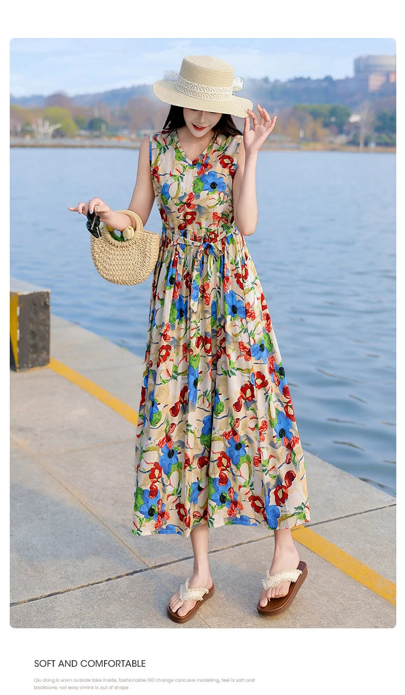 Spring Summer Dresses Fashion Female Sleeveless printed Casual Dress Women A-line Dresses Vestidos