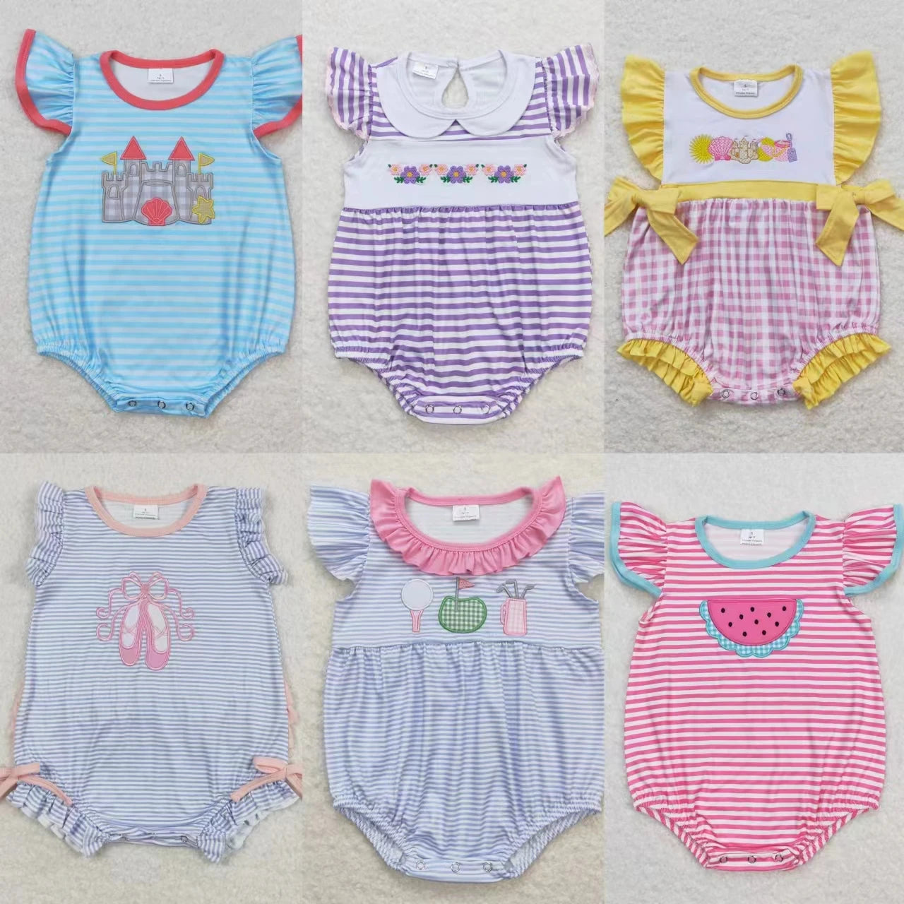 Wholesale Summer Newborn Embroidery Romper Baby Girl Flower Stripes Jumpsuit Kids Toddler Watermelon Ball One-piece Clothing