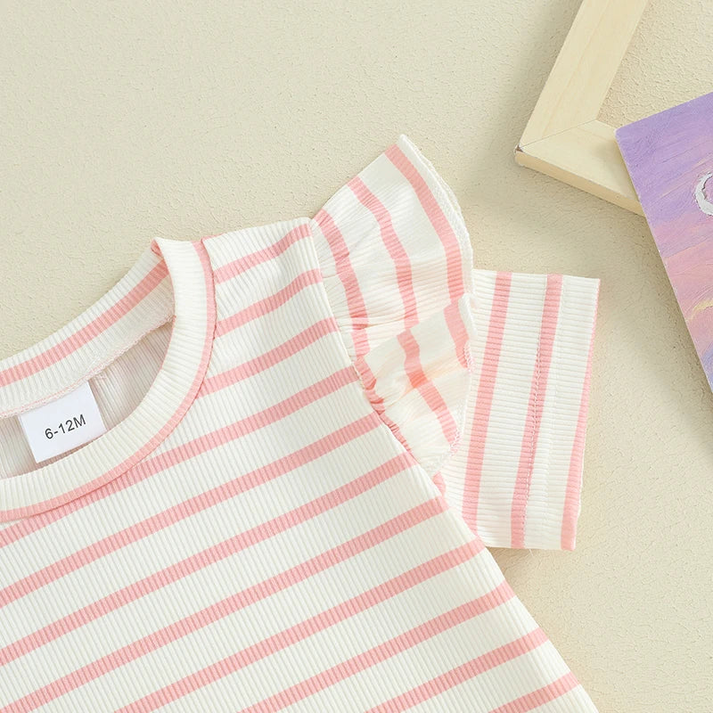 2024-01-23 Lioraitiin Conjunto de verano para niña pequeña, camiseta de manga corta con volantes y punto gofre, conjunto de pantalones cortos, conjunto de ropa de 2 uds.