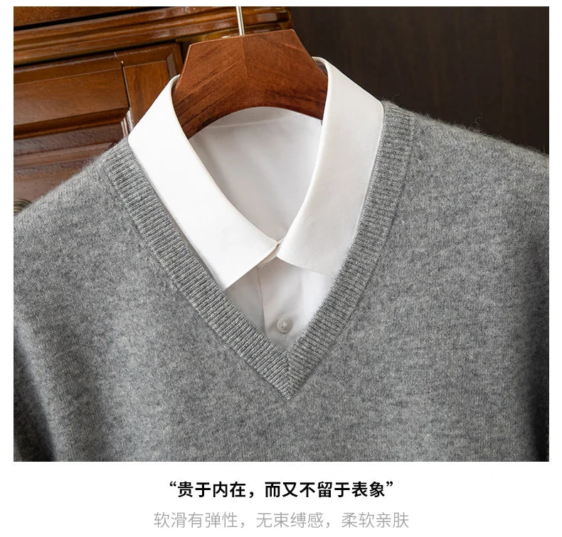 100% Cashmere Men's Pullover Casual Solid Color Knitted Sweater Loose Pull V-Neck Tops Basic Versatile Jumper