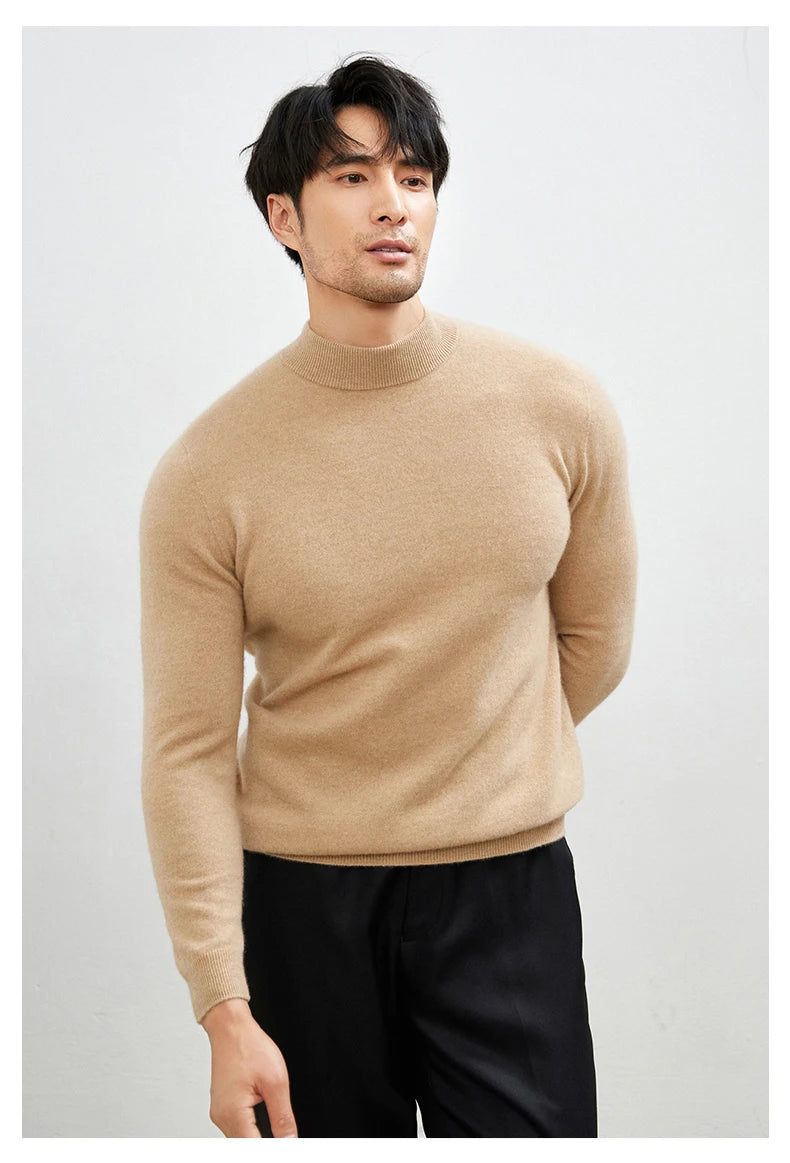 100% Pure Cashmere Men's Sweater Half High Neck Pullover Youth Business Casual Long Sleeve Jumper Spring/Autumn High-End Jacket
