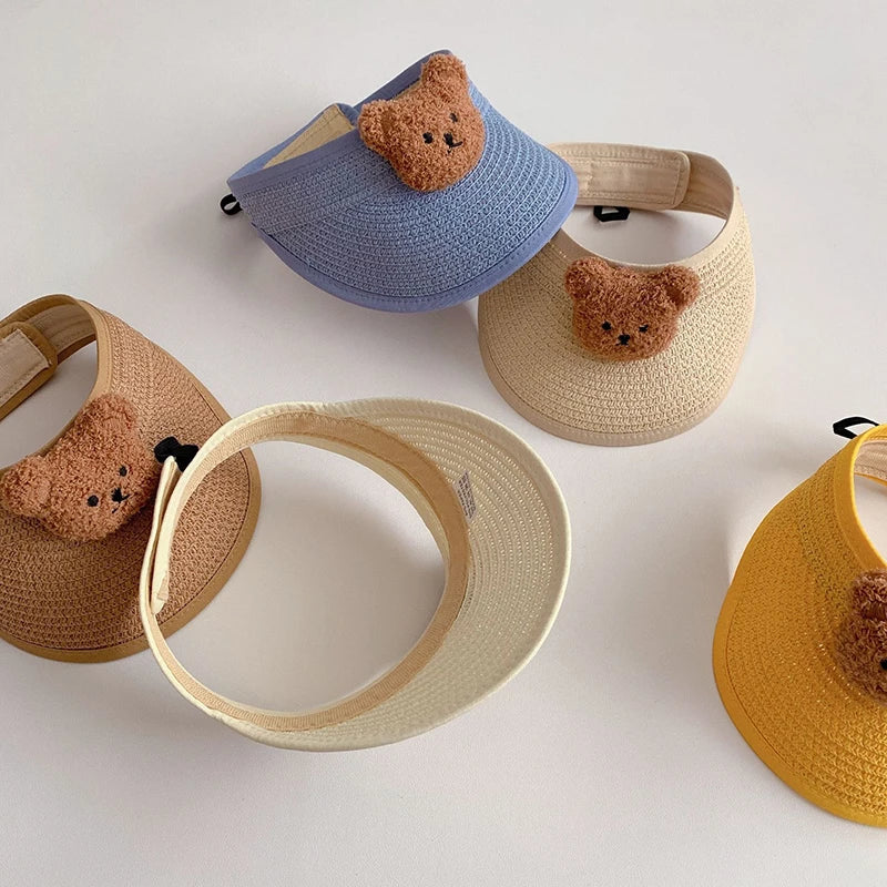 Precioso oso de dibujos animados, sombrero de paja para bebé de verano, gorras ajustables para niños y niñas, sombreros para el sol para niños, gorra transpirable para niños pequeños