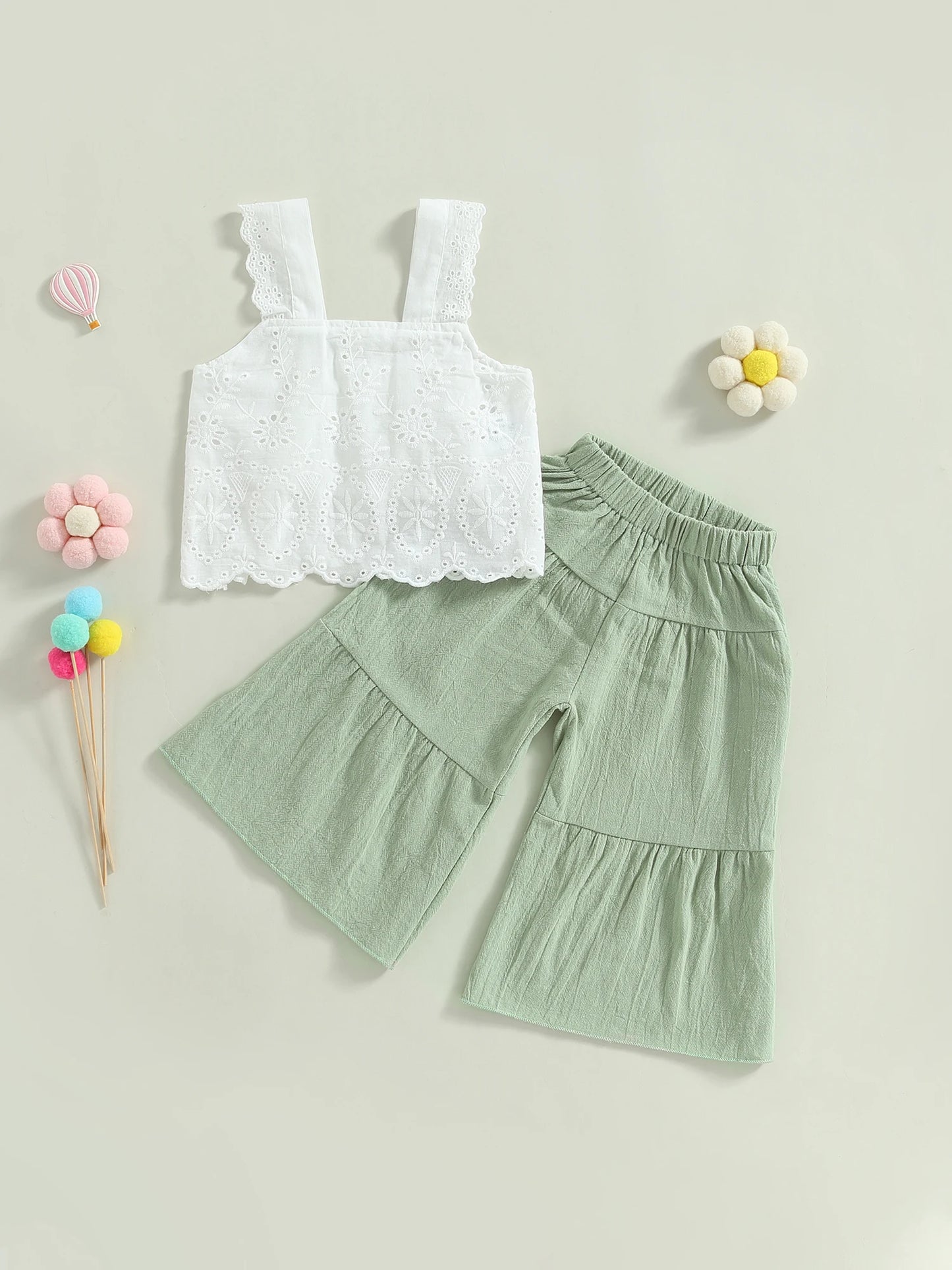 Kids Girl Summer Outfit Ruffled Sleeveless Floral Print Crop Top and Elastic Waist Wide Leg Pants Set in Cotton Linen Blend 2pcs