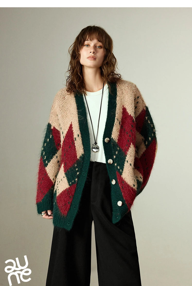 TOYOUTH Women Sweater Coats 2025 Winter New Retro Nordic Colorblock Argyle V-Neck Loose Wool-Blend Outerwear