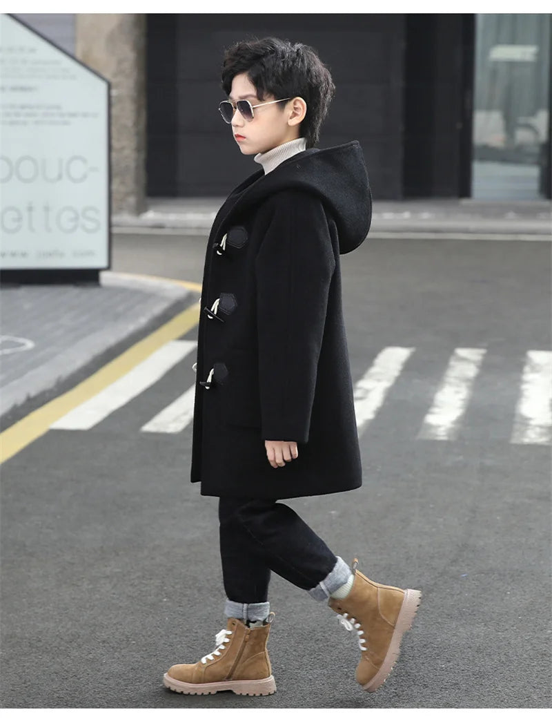 New Boys Wool Coat Autumn Spring Fashion Hooded Jackets Solid Single-Breasted Outerwear Children Mid-Length Parka 5-14Y