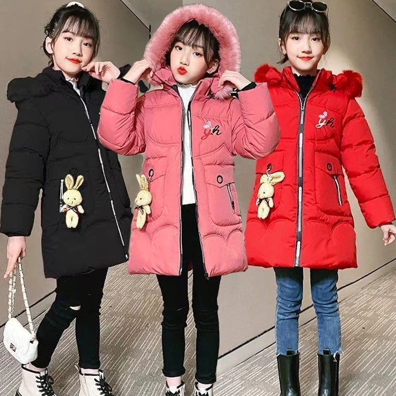 2024 New Winter Teenager Long Style Girls Jacket Keeping Warm Hooded WIndbreaker Coat For Girl Fur Collar Children Outerwear