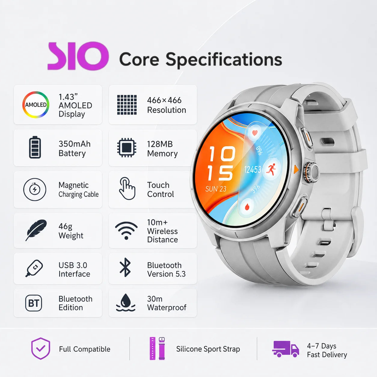 SIO GTR6 Smart Watch with AMOLED Screen, Bluetooth Call, Heart Rate & SpO2 Monitor, Magnetic Charging, iOS/Android Compatible