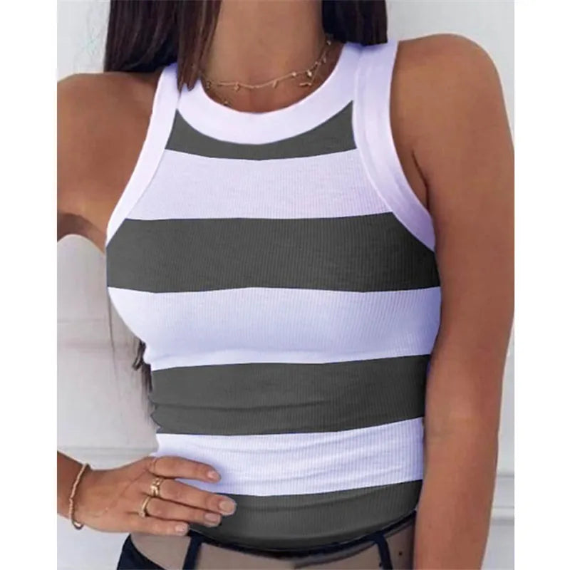 Women's Clothing Tops Tanks Camis Digital Printed Round Neck I-Shaped Vest Sexy Summer Striped Sleeveless Vest for Women Vests