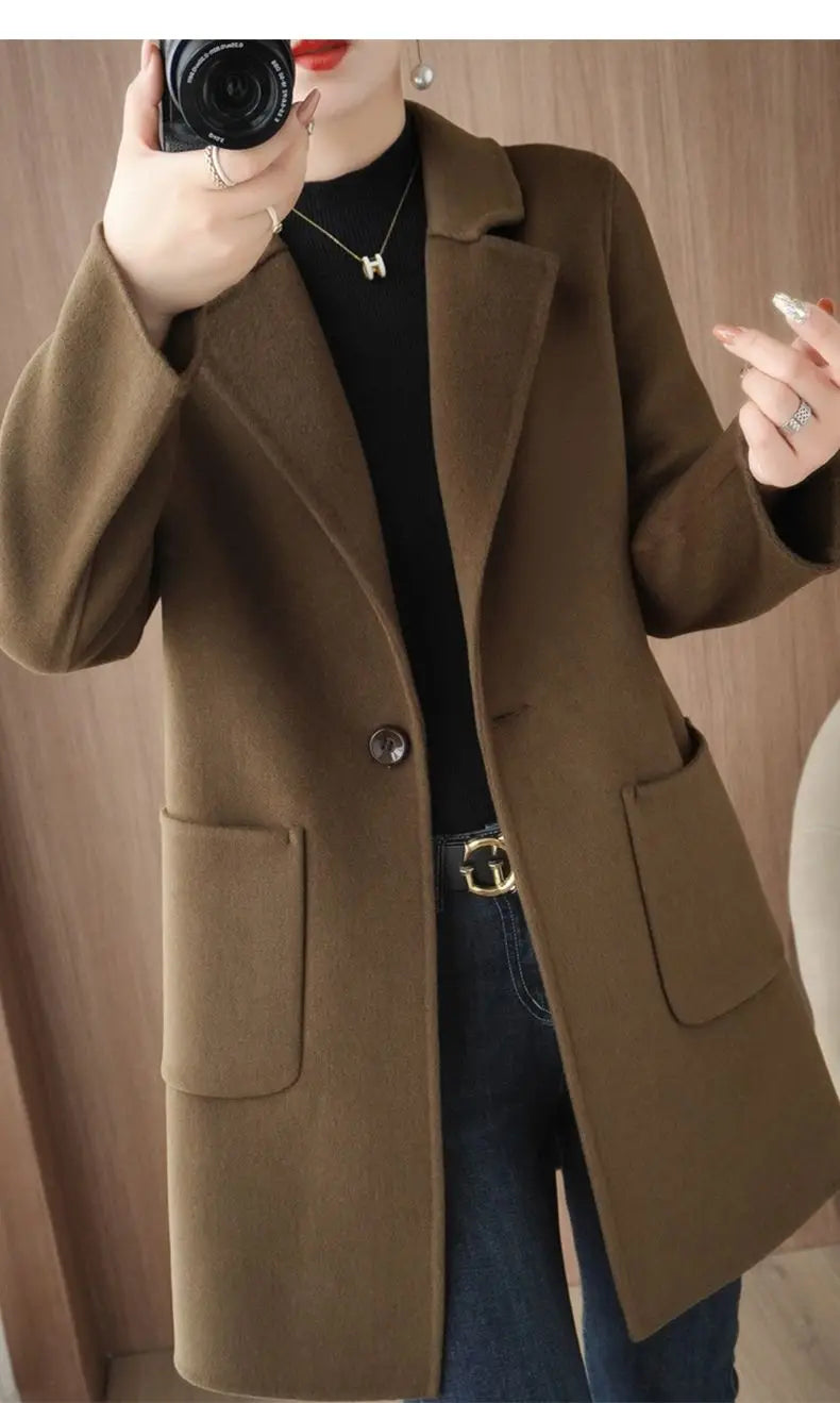 100% Pure Wool Double-Sided Cashmere Jacket Women Overcoat  Autumn Winter New Mid-Length One-Button Slim Wool Windbreakers coat