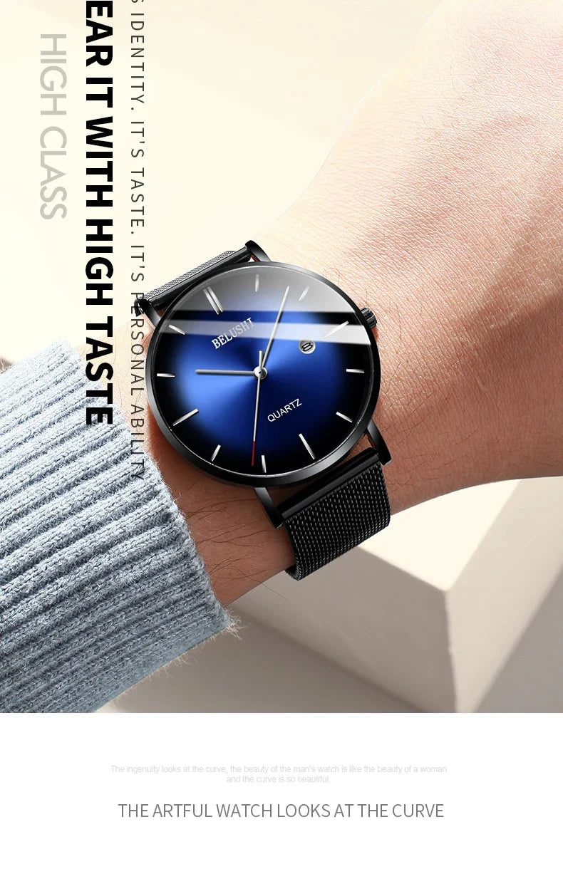 BELUSHI Fashion Mens Watches Top Brand Luxury Slim Steel Mesh Quartz Watch Men Business Waterproof Analog Wrist Watch Male Clock