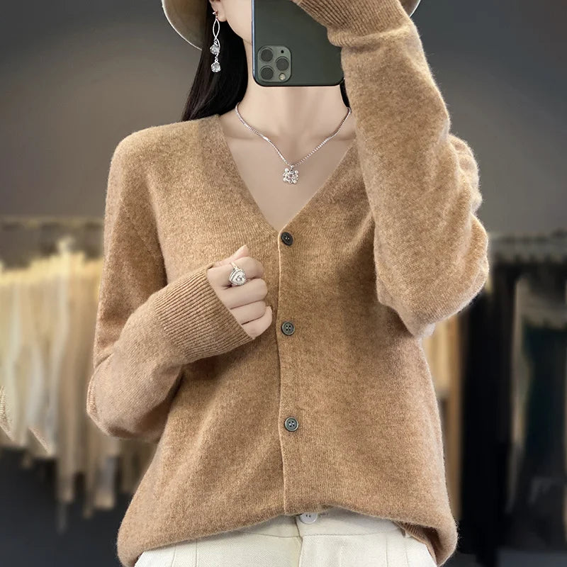 New Fashion Spring Autumn 100% Merino Wool Women's V-neck Cardigan Cashmere Sweater 2024 Female Knitwear Clothing Korean Tops