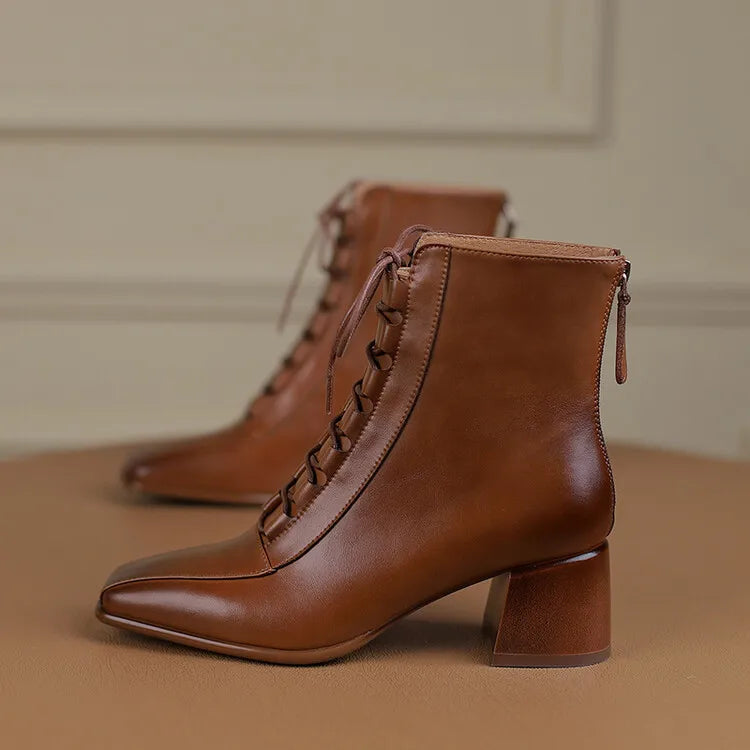 2022 Autumn Women Boots Square Toe Back Zipper Women Shoes Chunky Heels Shoes for Women High Heel Boots Vintage Leather Shoes
