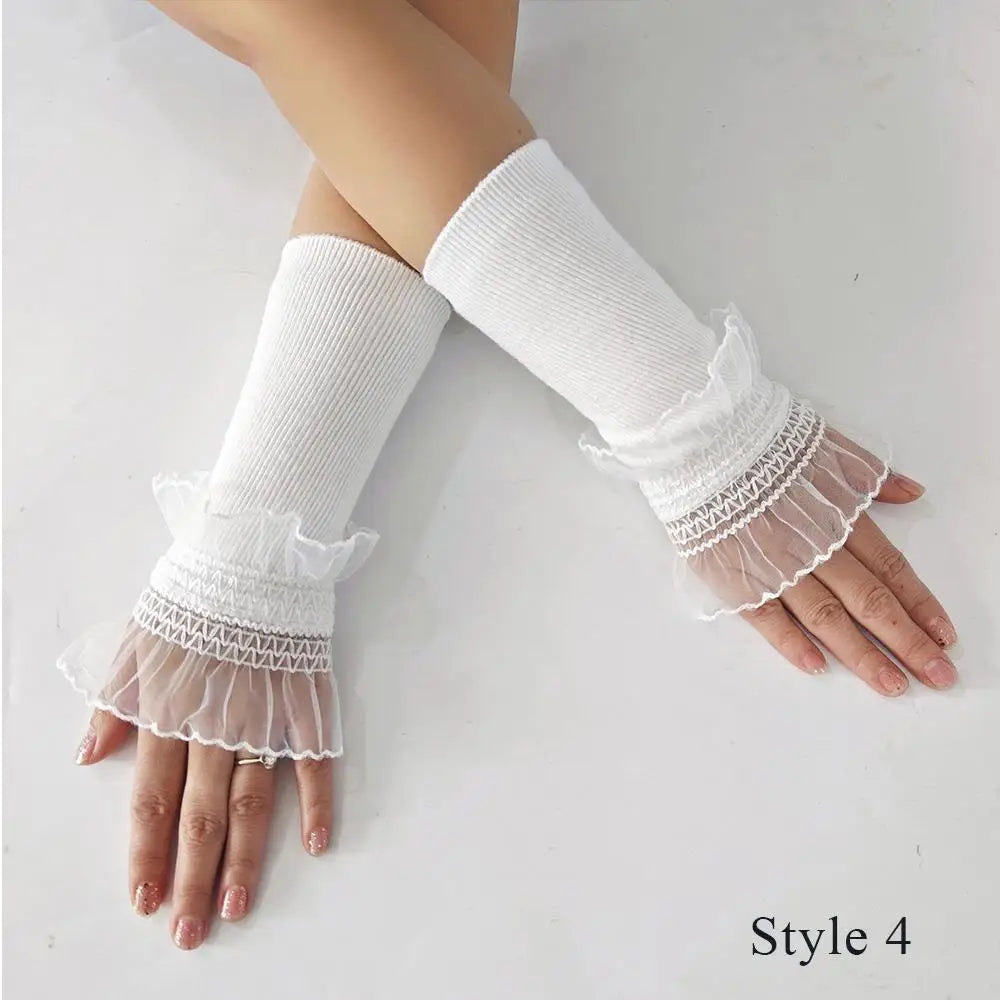 Women Sweater Fake Sleeves Hollow Out Crochet Floral Lace Horn Cuffs Embroidery Ruffles Elastic Wrist Warmers Lolita False Cuffs