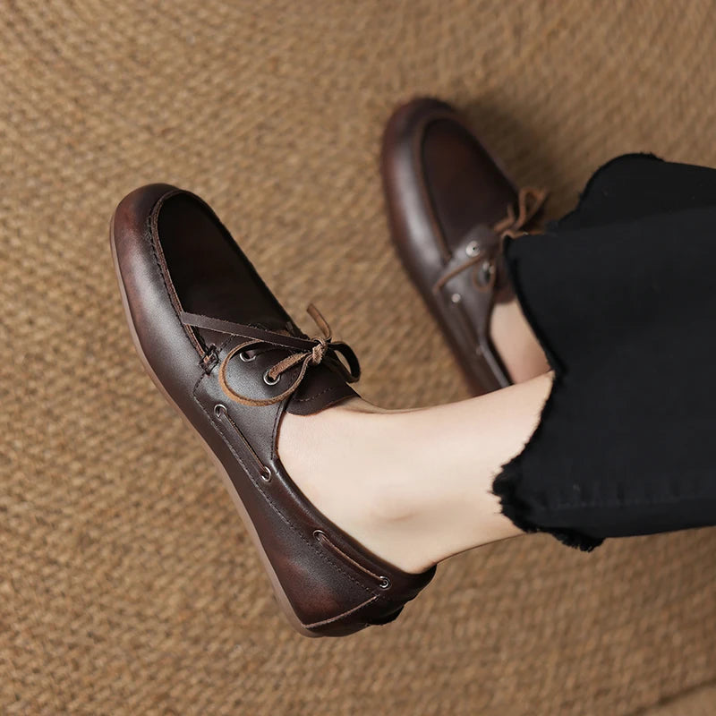 2026 New Spring Genuine Leather Women Shoes Round Toe Women Flats Shoes for Women Retro Lace Up Loafers Fashion Ladies Shoes