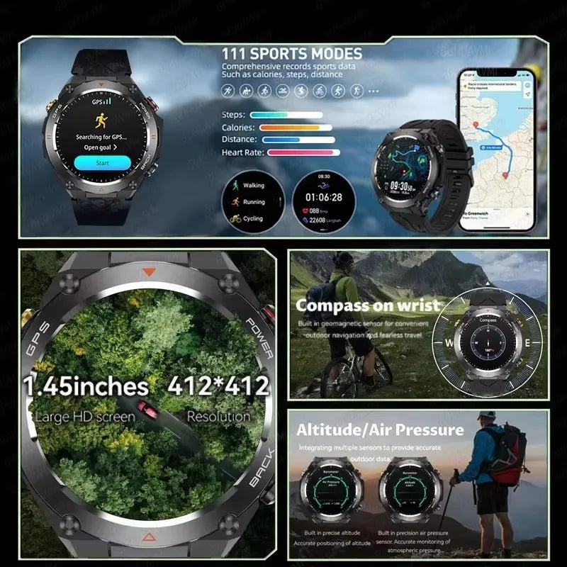 2024 New GPS Smart Watch Man 1.45" Ultra HD Display Built-in GPS Compass Make/Receive Phone Calls Smart Bracelet 650mAh Battery