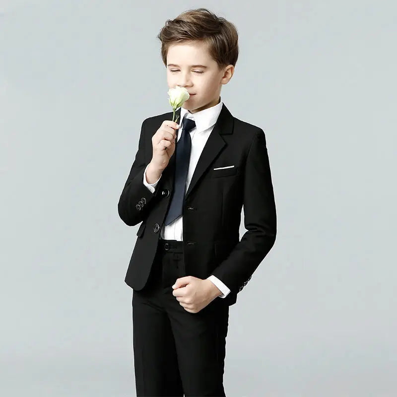 Children Formal Black Suit Flower Boys Wedding Dress Gentle Kids Birhtday Photograph Suit School Graduation Performance Costume