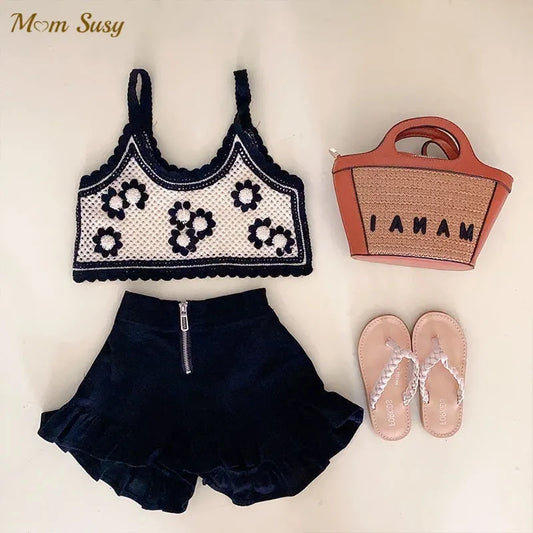 Conjunto de ropa de punto para niña, chaleco con flores y pantalones cortos, 2 uds., Top corto de verano para niño pequeño, traje de moda