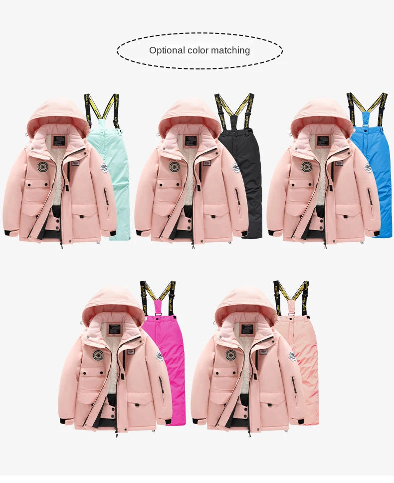 Winter children's skiing suit for boys and girls, windproof and waterproof thick coat for warmth and snow playing equipment