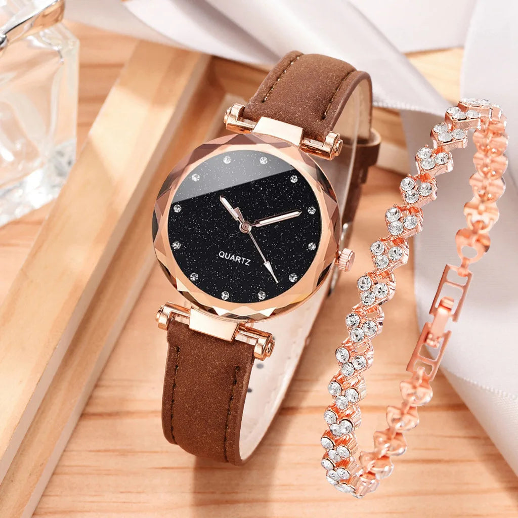 2pcs Luxury Fashion Women Watch Set PU Leather Strap Ladies Quartz Wristwatch Rhinestone RoseGold Alloy Bracelet For Ladies Gift