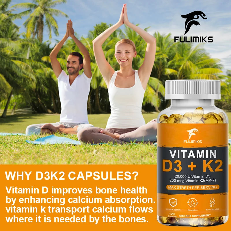 Vitamin D3 K2 Capsule - 20,000 IU Vitamin D3 Promotes Strong Bones, Calcium Absorption, Teeth, Heart, Cardiovascular Health