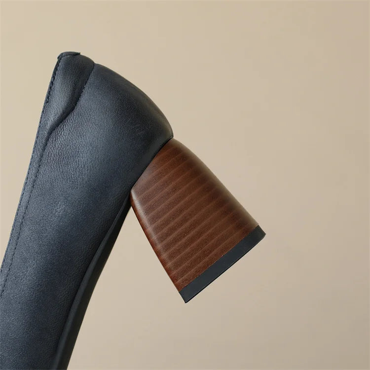 2024 Spring New GENUINE LEATHER Women Shoes LEISURE Women Slip-On Shallow Pumps Square Toe Heels Shoes Women Zapatos De Mujer