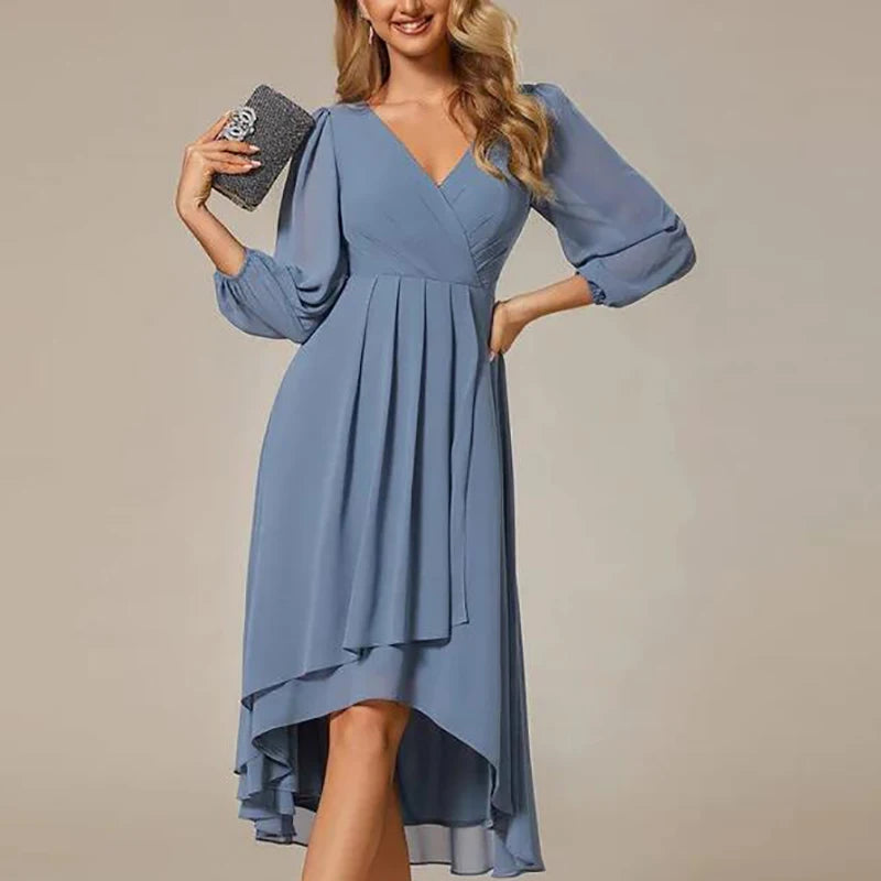 Spring Summer Elegant V Neck A-Line Long Dress Women Fashion Mesh Sleeve Loose Party Dress Women Beach Holiday Evening Dresses