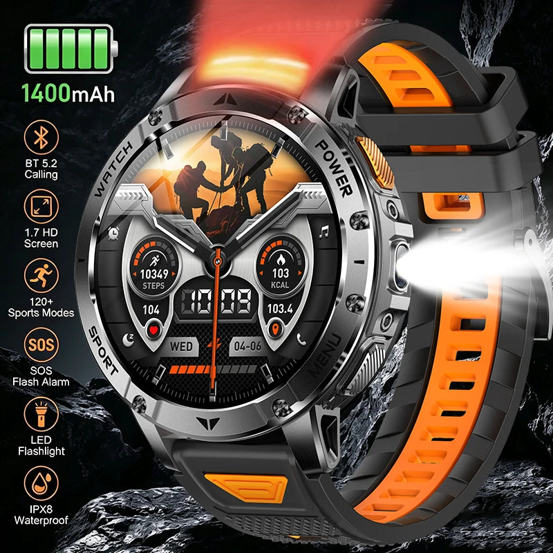 Smart Watch 1400mAh Battery 1.7'' IPS Screen 120+ Sports SOS Strobe Alarm IPX8 Waterproof LED Light BT Call Men Women Xmas Gift