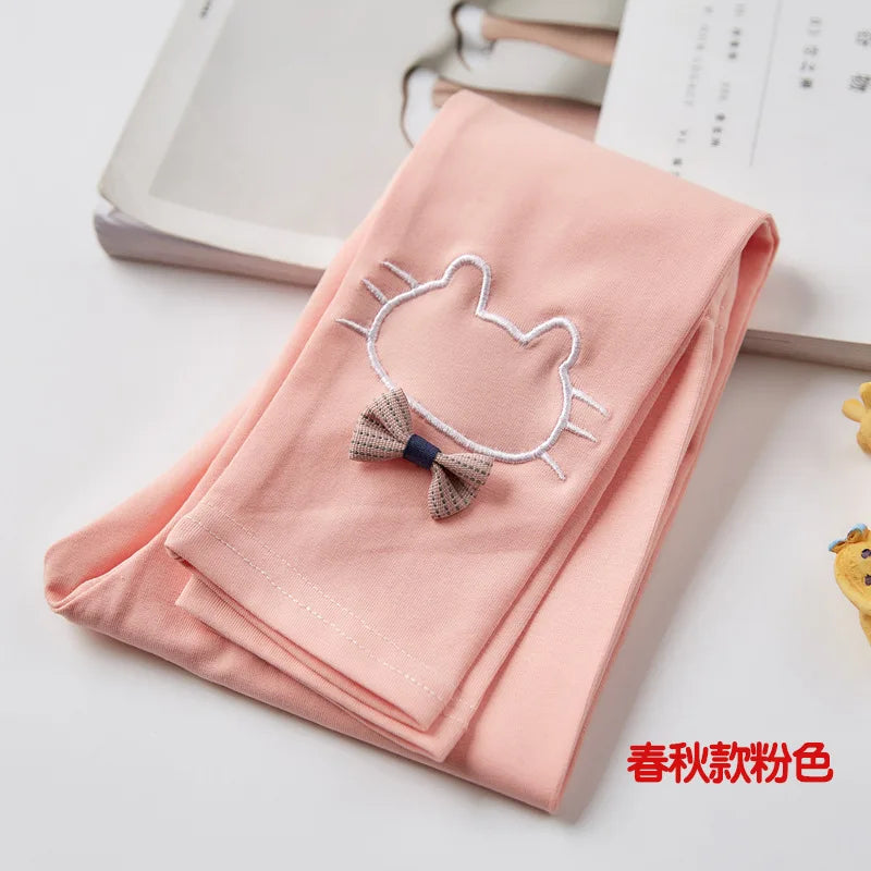 2023 Children Girls Leggings Cotton Elastic Waist Spring Autumn Thin Warm Plus Cute Print Bow Cat Kids Baby Bottom Part Pants